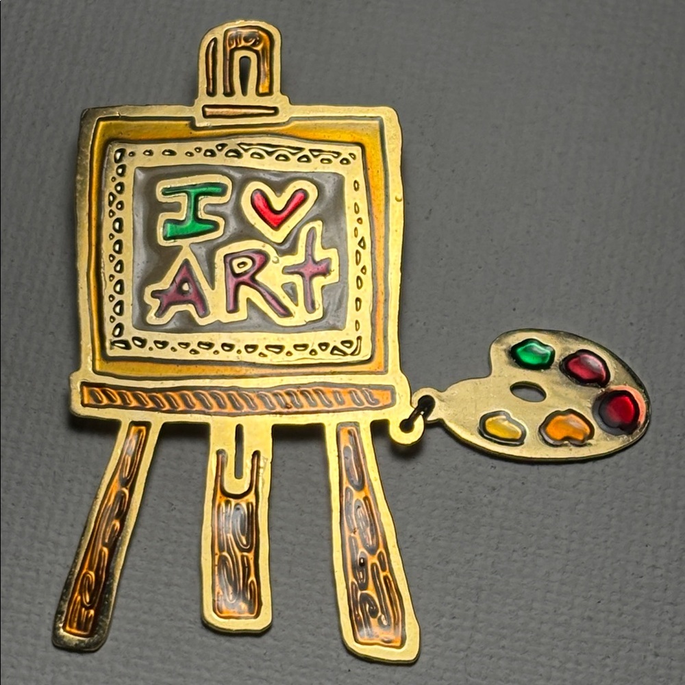 Vintage Two Hands Art Easel Brooch Pin I Love Art Paint Palette Artist Teacher